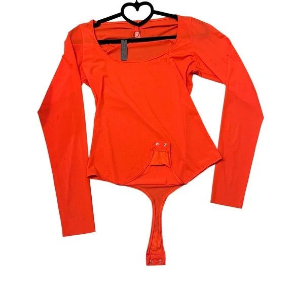 SKIMS Jelly Sheer Long Sleeve Bodysuit Poppy Square Neck XL - Picture 7 of 8